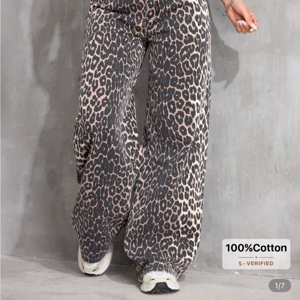 SHEIN Black and Cream Leopard Wide-Leg Jeans